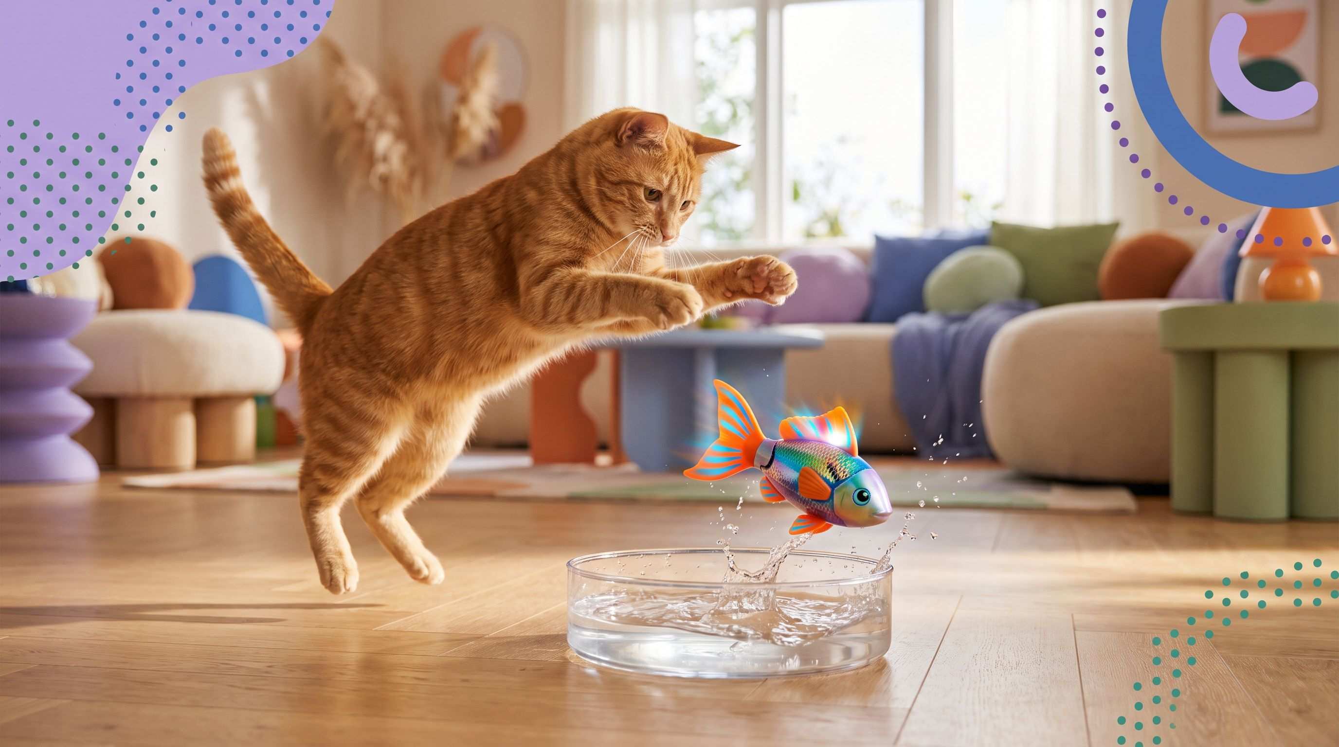Un chat bondit sur un jouet poisson magique qui éclabousse dans l'eau